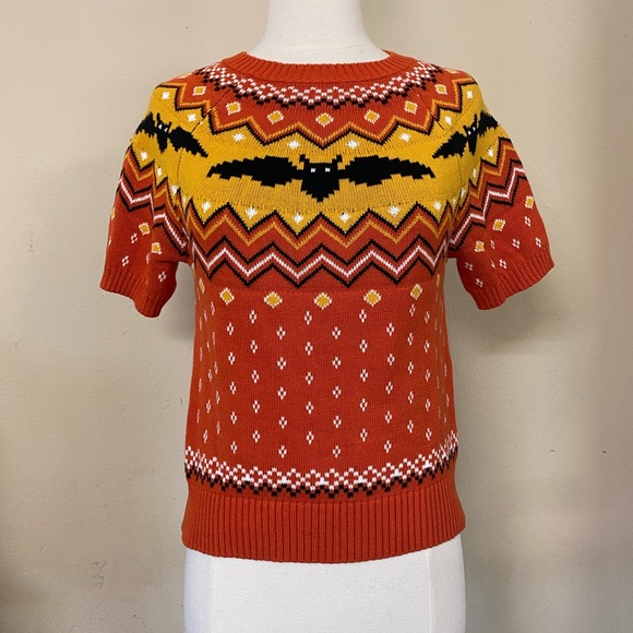 ModCloth Women's Halloween Spooky Short Sleeve Sweater - Orange and Yellow Bats - Picture 1 of 3